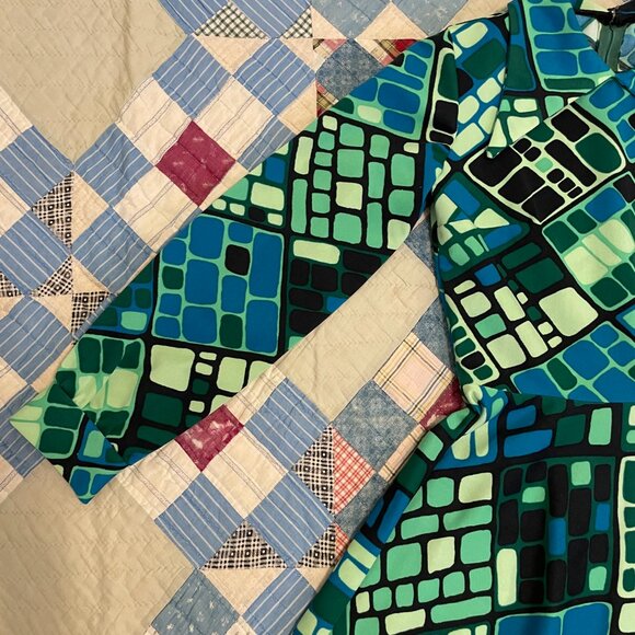 Vintage 60s 70s Fit Flare Mod Dagger Collar Psychedelic Mod Gogo Mini Dress - Picture 11 of 15